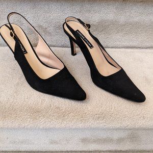 Adrienne Vittadini GIALLO 7.5, elegant black silk, pointed toe, sling back.
